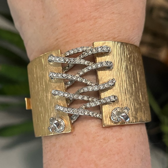 Lace Up Rhinestone Corset Cuff fits up to 7” wrist Glam Bling Bracelet Holiday - Picture 1 of 9